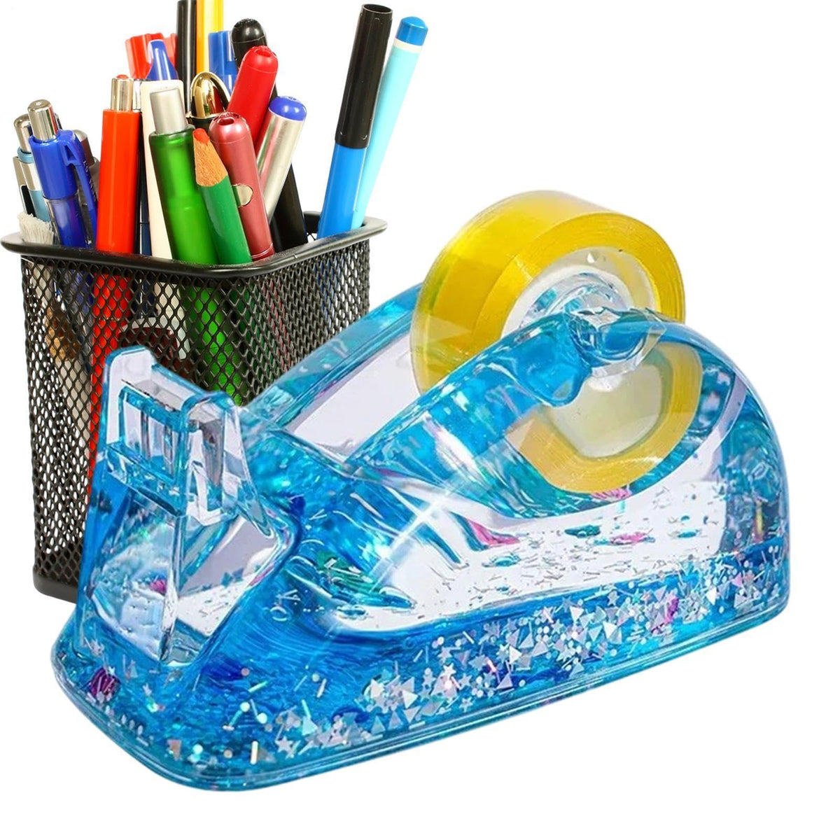 Tape Dispenser, Clear Acrylic Glitter Tape Dispenser Desk, Blue
