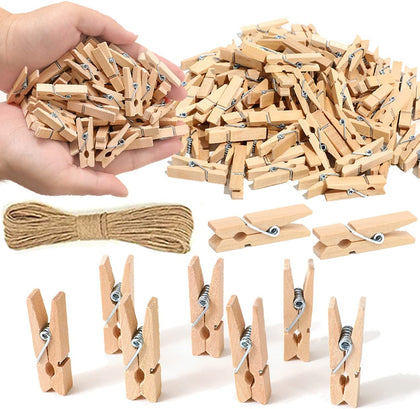 1.35 Inch Mini ClothesPins for Photo【100 Pcs】 with 32 Feet Jute Twine，Mini Clothes Pins for Crafts,Wooden Small