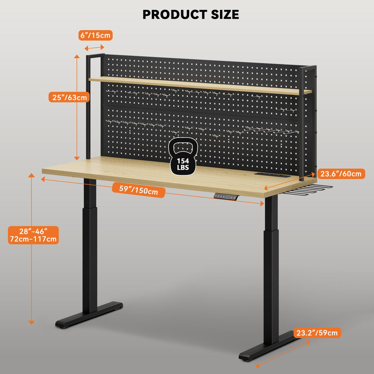 59"x24" Garage Work Bench Electric Height Adjustable with Pegboard