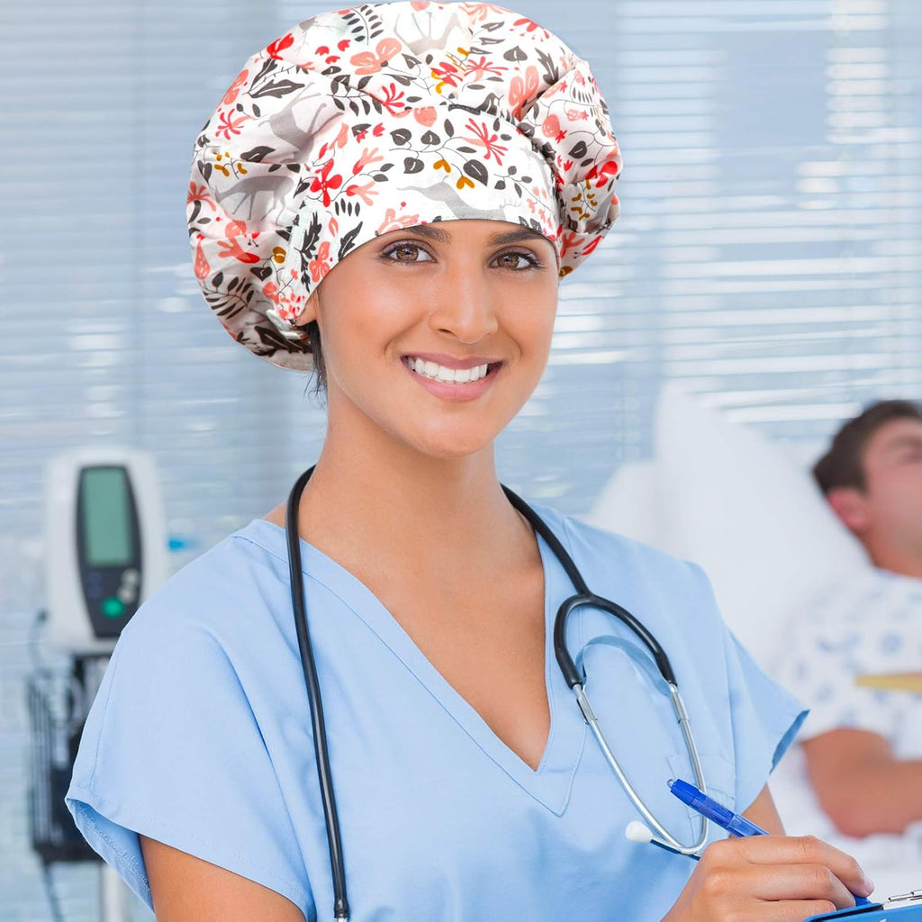 12 Pieces Bouffant Caps for Women Adjustable Nurse Working Hats with Button and Sweatband Printed Caps for Men Women