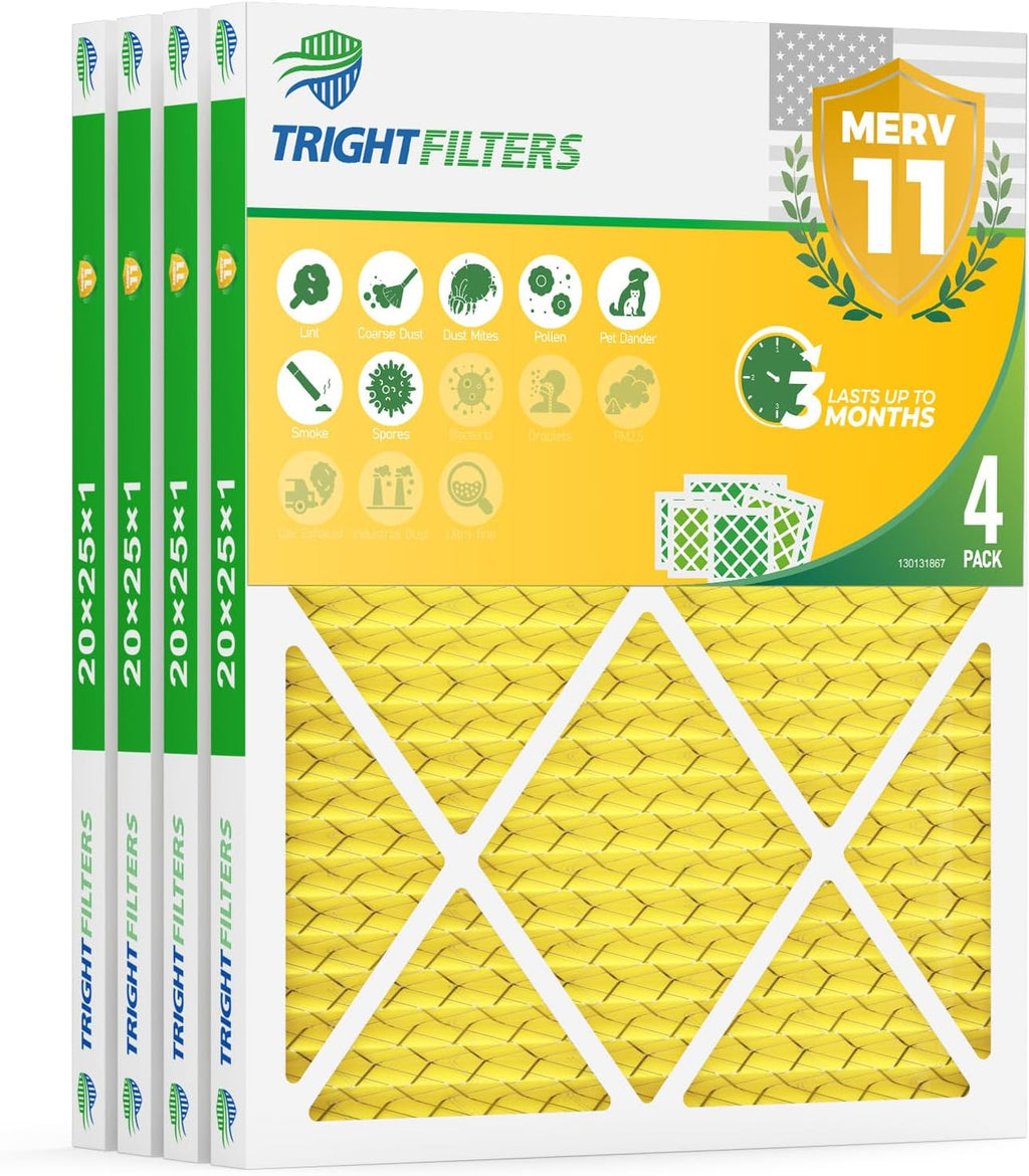 20x25x1 Air Filter 4 Pack, MERV 11 Dust & Pet Dander Defense | Electrostatic Pleated HVAC AC Furnace Filters