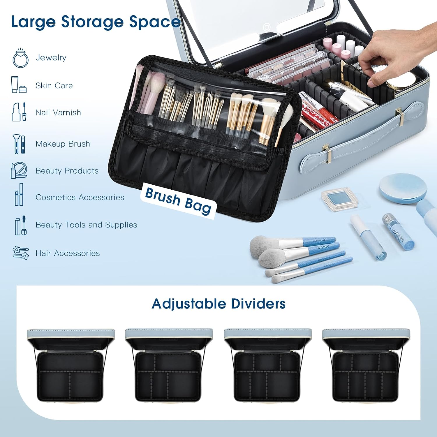 Leather Makeup Case with LED Lighted Mirror 11.4 Inch Travel Makeup Bag Adjustable Brightness in 3 Colors Cosmetic
