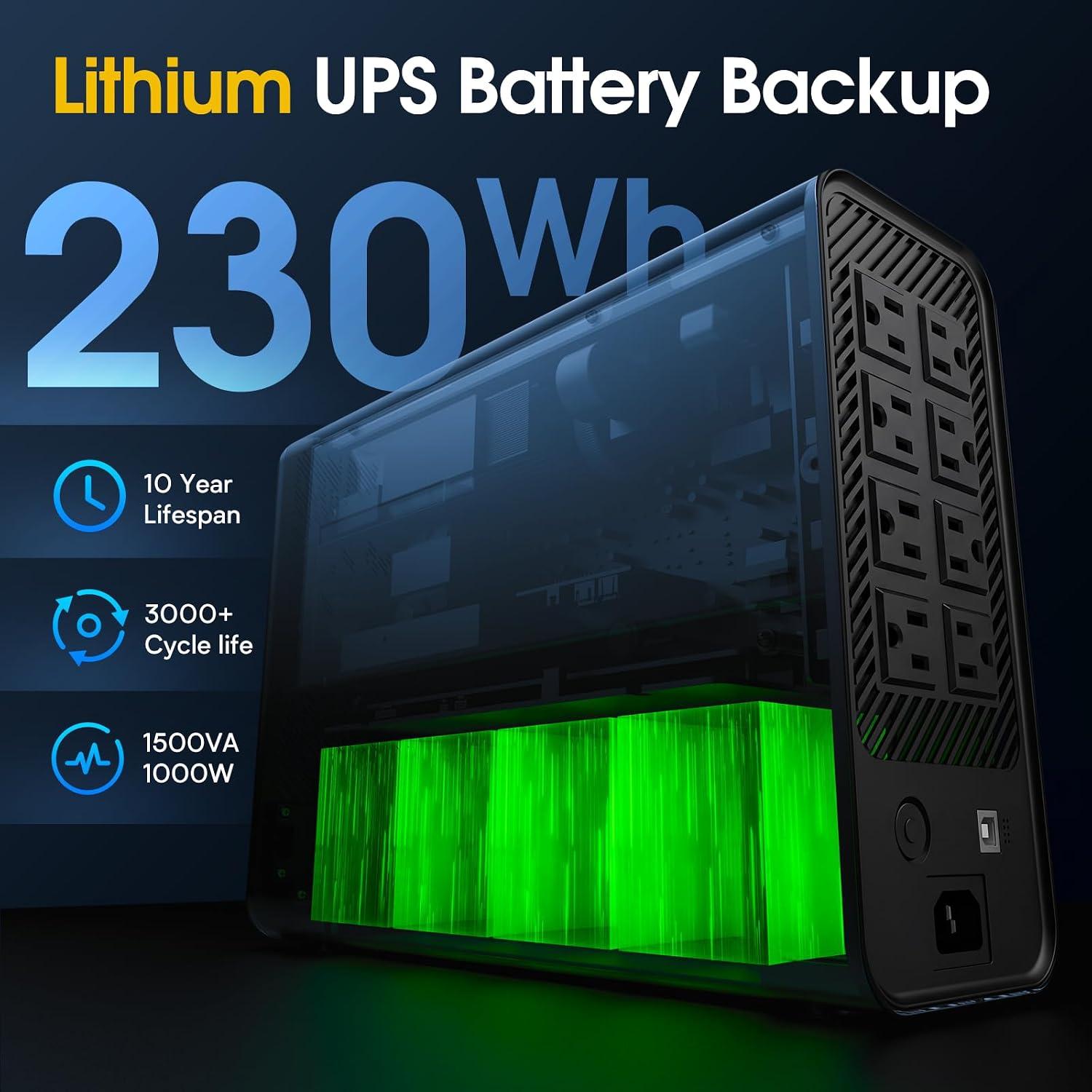 1500VA/1000W Lithium UPS Battery Backup & Surge Protector, White | Pure Sine Wave, 8 Outlets & 2 USB Ports, LCD