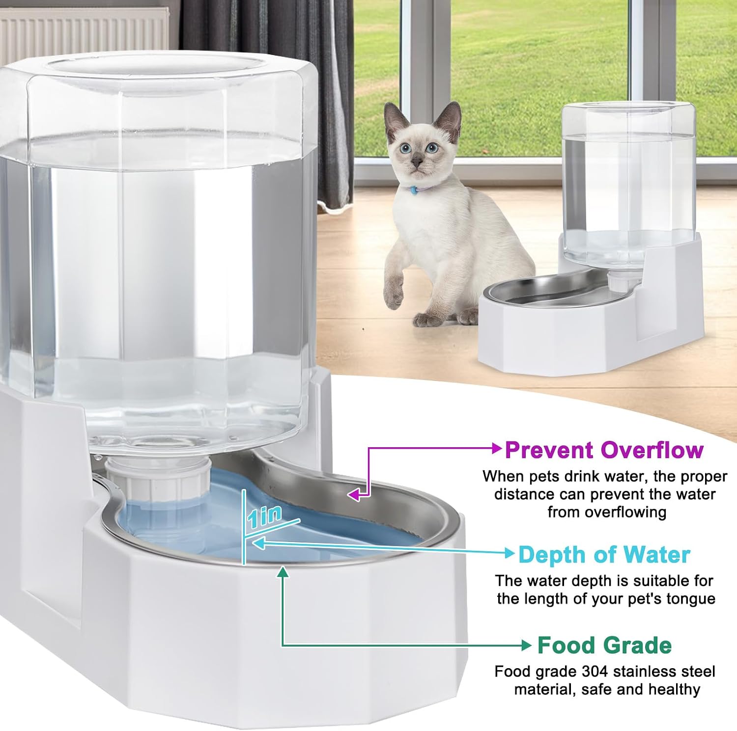 Large Dog Water Dispenser: 4L Stainless Steel Gravity Cat Water Feeder - Quiet Refill - No Power Needed - for Kittens