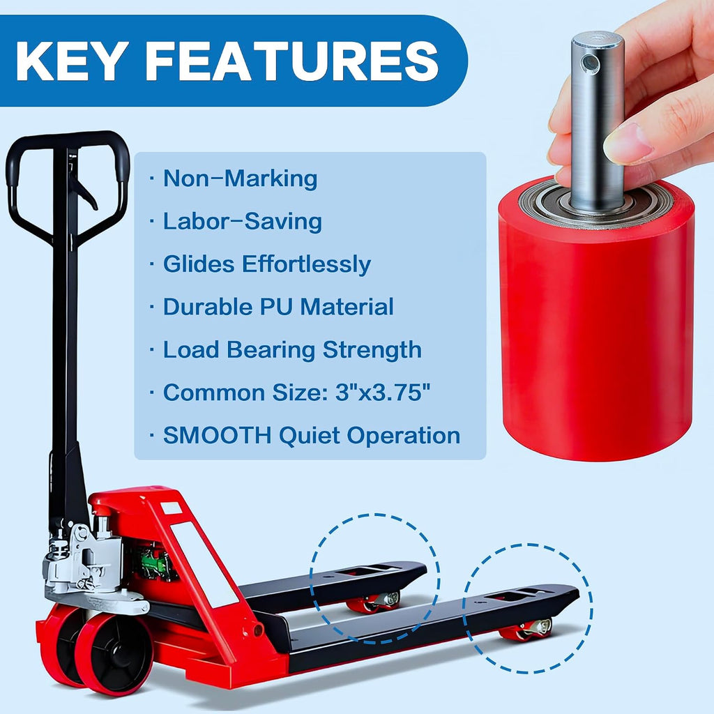 A Pair Pallet Jack Load Wheels Replacement Kit 3"x3.75"(74.5mm x 93mm) Red | Including Heavy Duty PU Tread