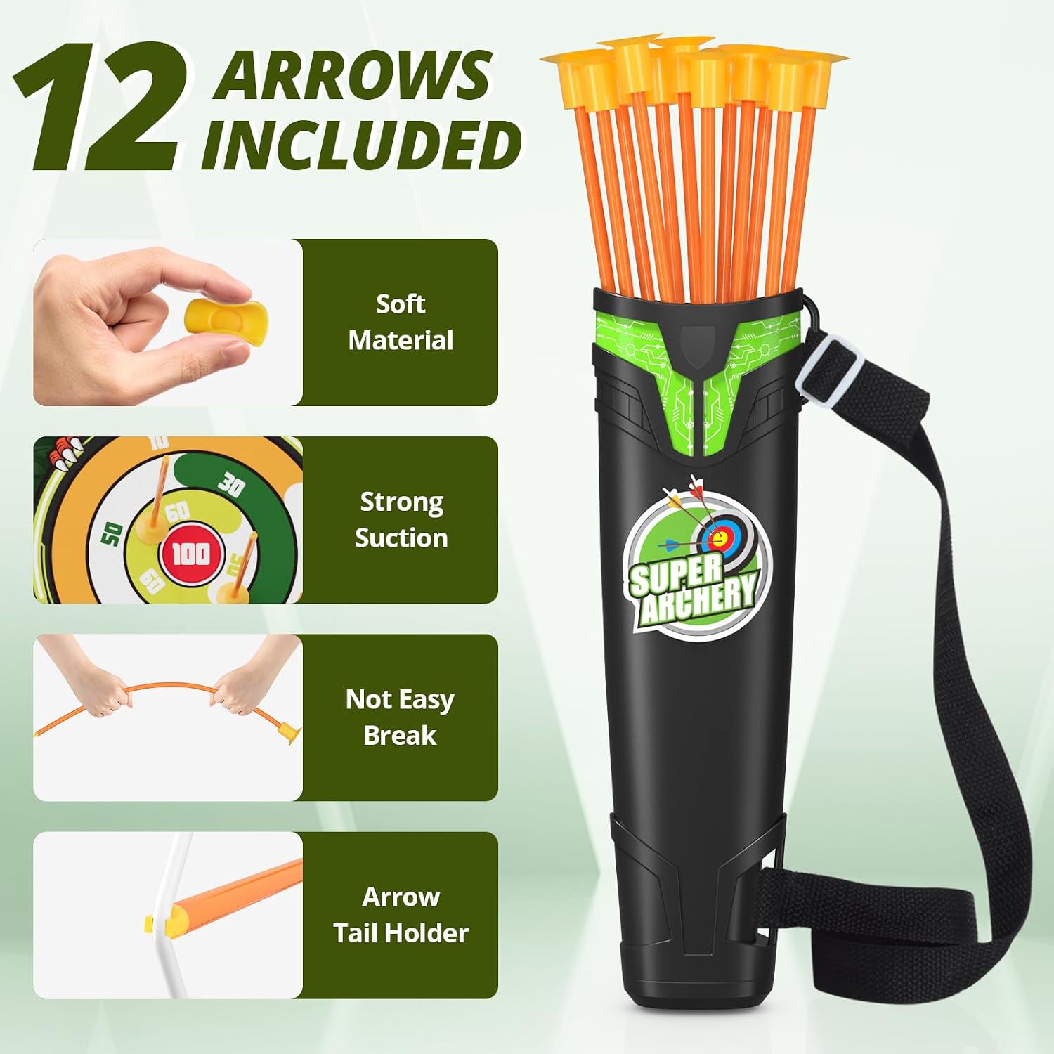 Bow and Arrow for Kids, LED Light Up Archery Set, Green | with 12 Suction Cup Arrows, 1 Standing Target, 3 Score