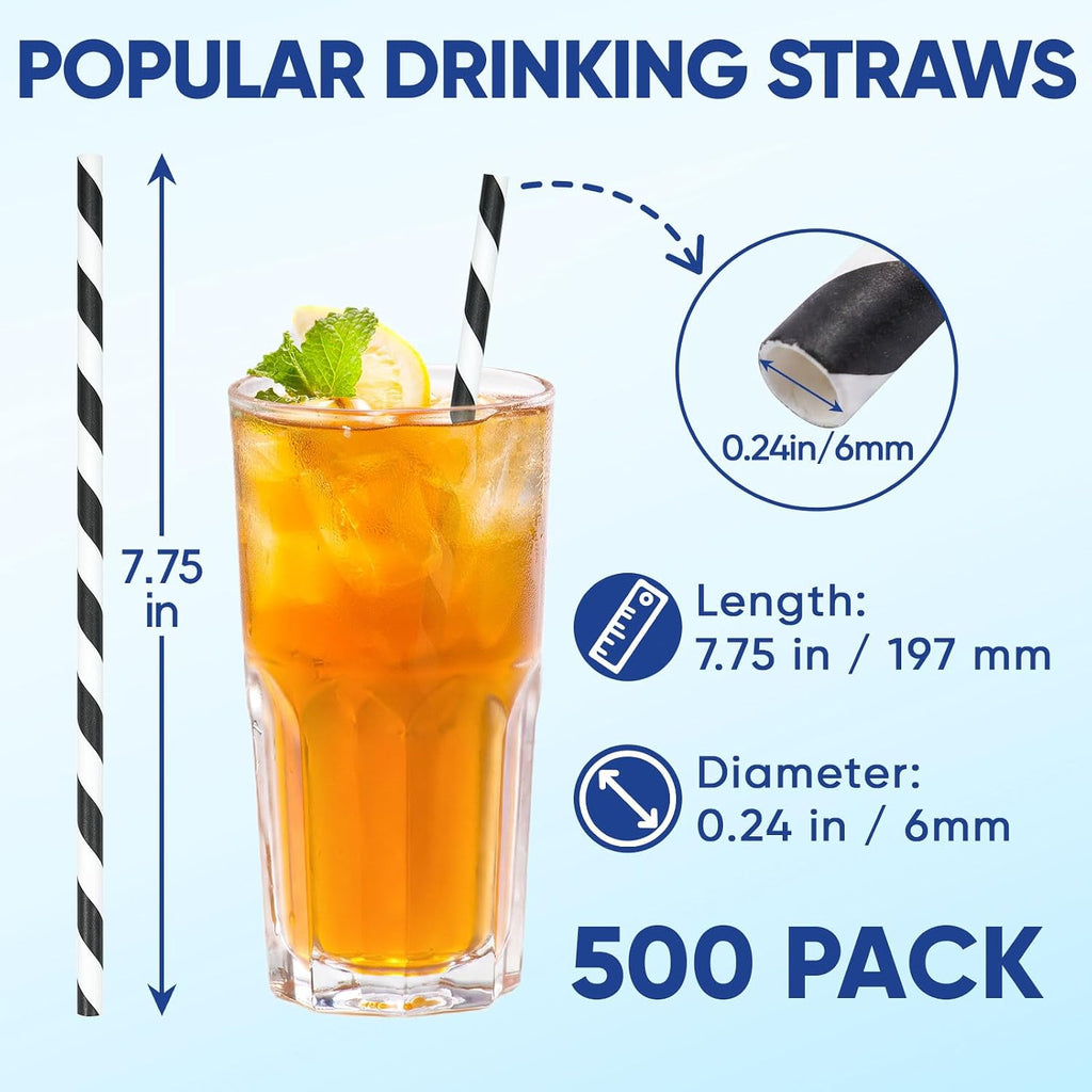 Black and White Paper Straws Disposable for Drinking 7.75'' 500ct