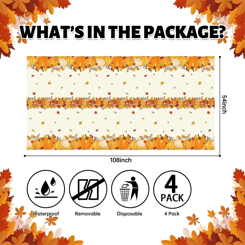 Fall Plastic Tablecloth 4 Packs Thanksgiving Disposable Table Cloth 54x108 Rectangle Table Cover with Pumpkin & Maple