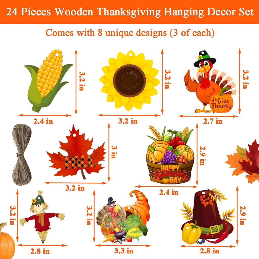 Fall Decor Indoor, 24 PCS Wooden Thanksgiving Hanging Decorations | Rustic Turkey, Scarecrow, Pumpkin & Basket, 8