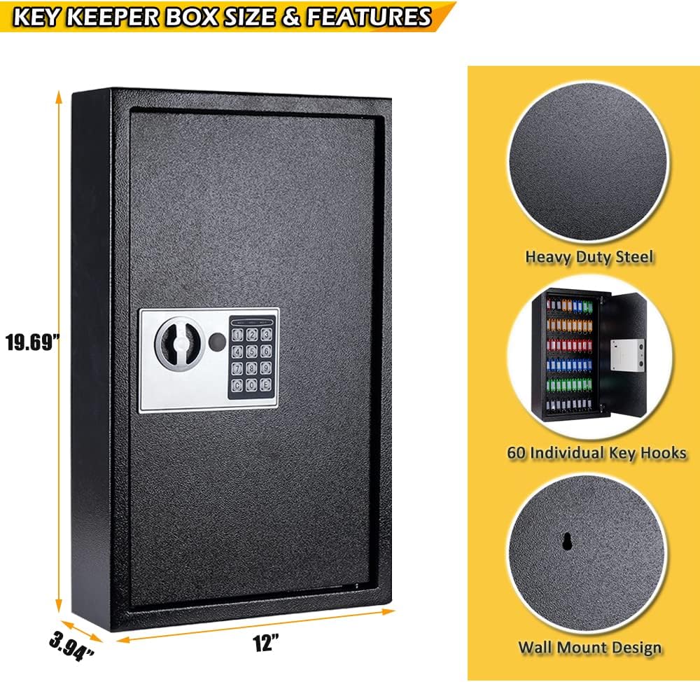 60-Key Wall Mount Digital Key Cabinet Lock Box, Electronic Key Safe, Black | Metal Electronic Key Safe Includes 60