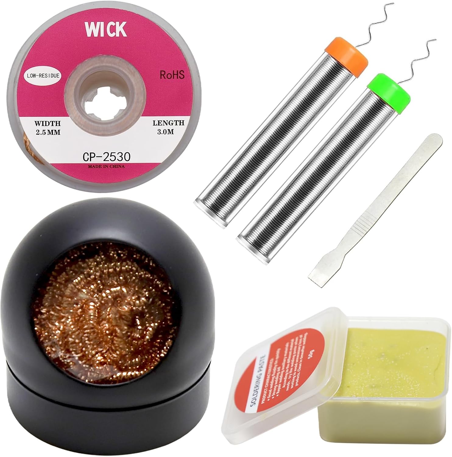 6-in-1 solder kit, soldering iron tip cleaner +1.0mm solder wire(11g*2pcs)+Rosin Solder Flux Paste (1.75 oz/50g)