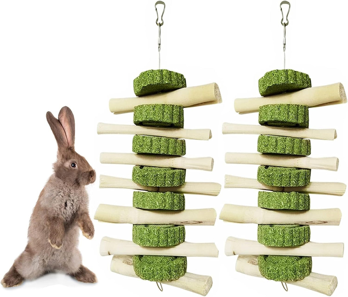 2 PCS Bunny Chew Toys for Teeth Natural Rabbit Toys Hanging Sweet Bamboo Chews with Grass Cake Guinea Pig Toys Snack