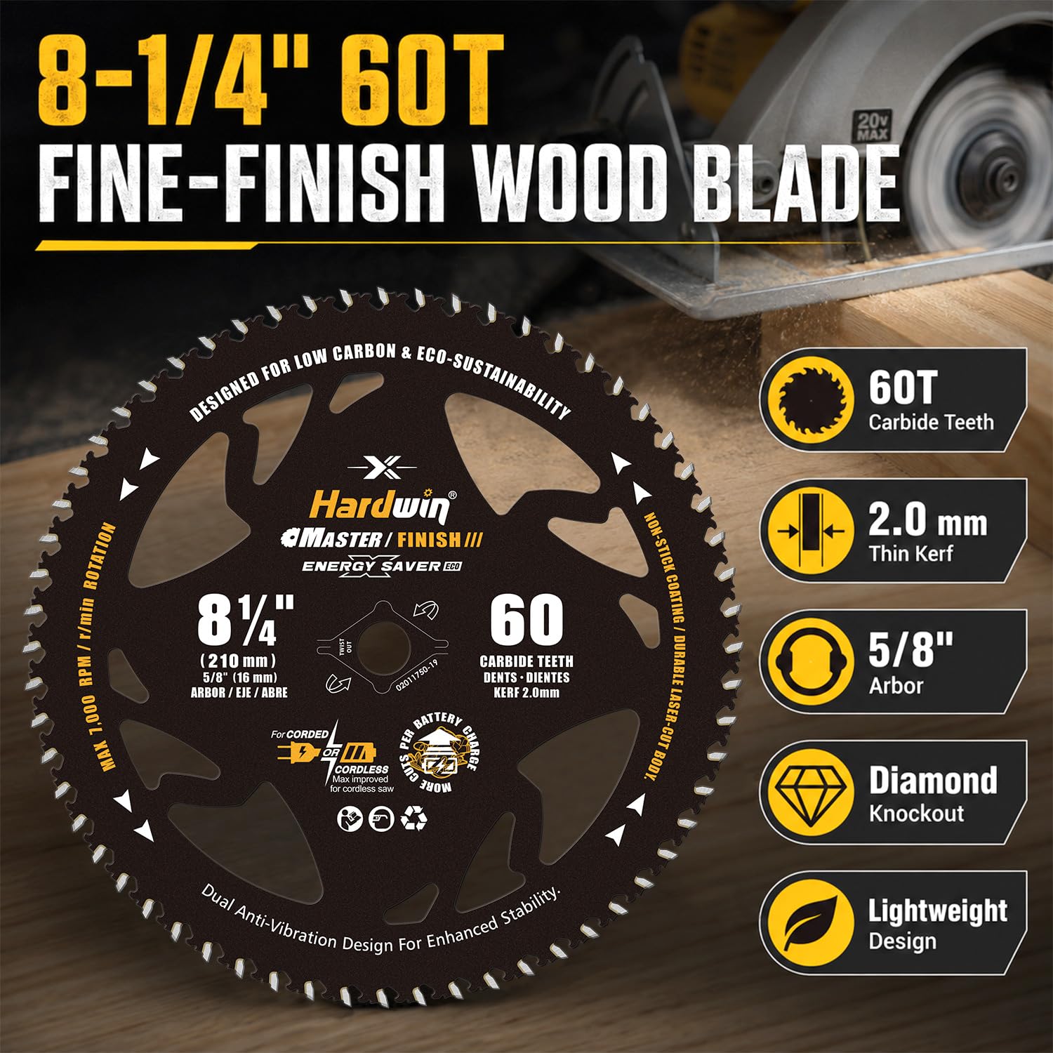 8-1/4 Table Saw Blade 60T Wood Cutting, 5/8 Arbor, Diamond Knockout | 60T carbide teeth and 2.0mm thin kerf deliver