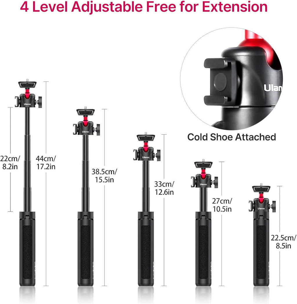 ULANZI MT-16 Extendable Mini Camera Tripod, 4 Levels Adjustment 360° Ball Head Cold Shoe Lightweight Portable Vlog