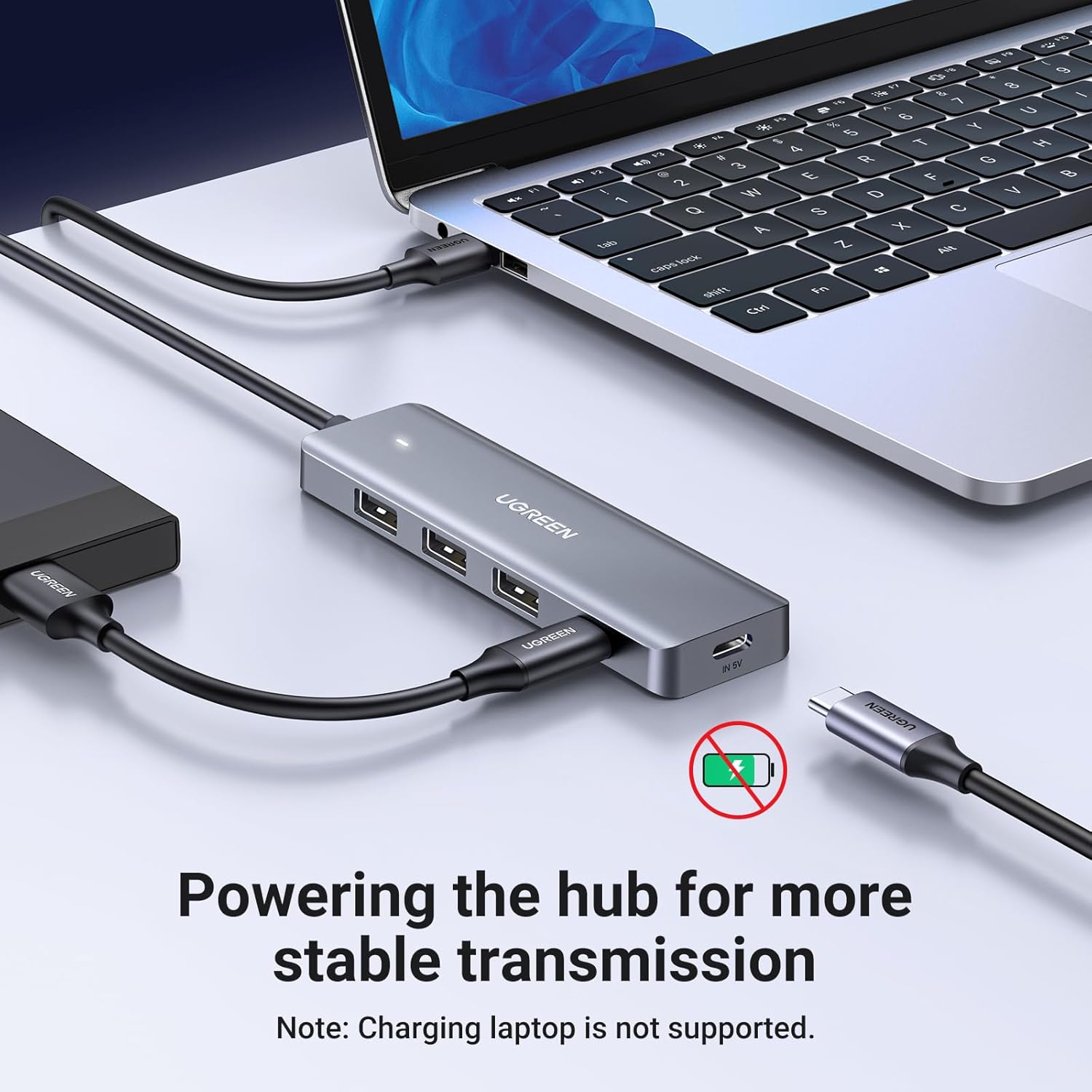 USB Hub 4 Ports, C & 3 A Multiport Adapter, 2ft Long Cable Powered 3.0 Hub With C Power Port for Laptop, Desktop