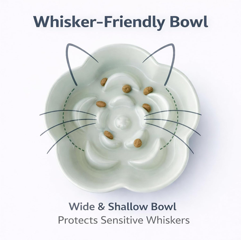 Ceramic Elevated Slow Feeder Cat Bowl, Raised and Gently Tilted Feeding Dish with Maze Design, Whisker-Friendly, Easy