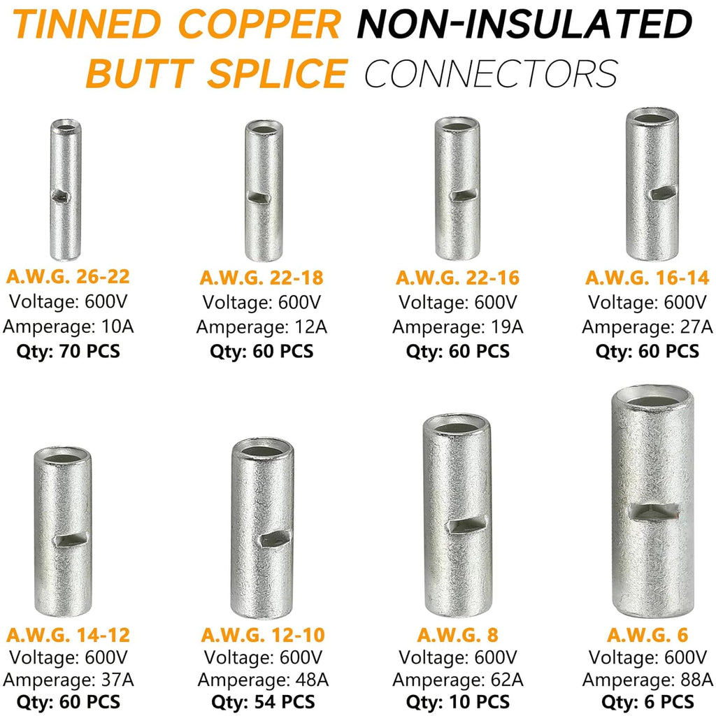 380PCS Non Insulated Butt Connectors Kit Butt Splice Connector Uninsulated Wire Splice Connectors for 26 to 6 Gauge