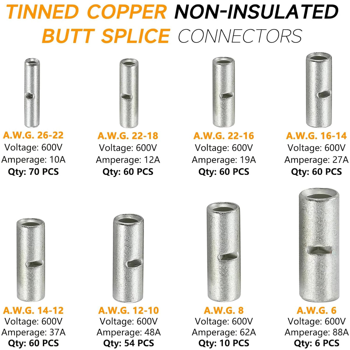 380PCS Non Insulated Butt Connectors Kit Butt Splice Connector Uninsulated Wire Splice Connectors for 26 to 6 Gauge