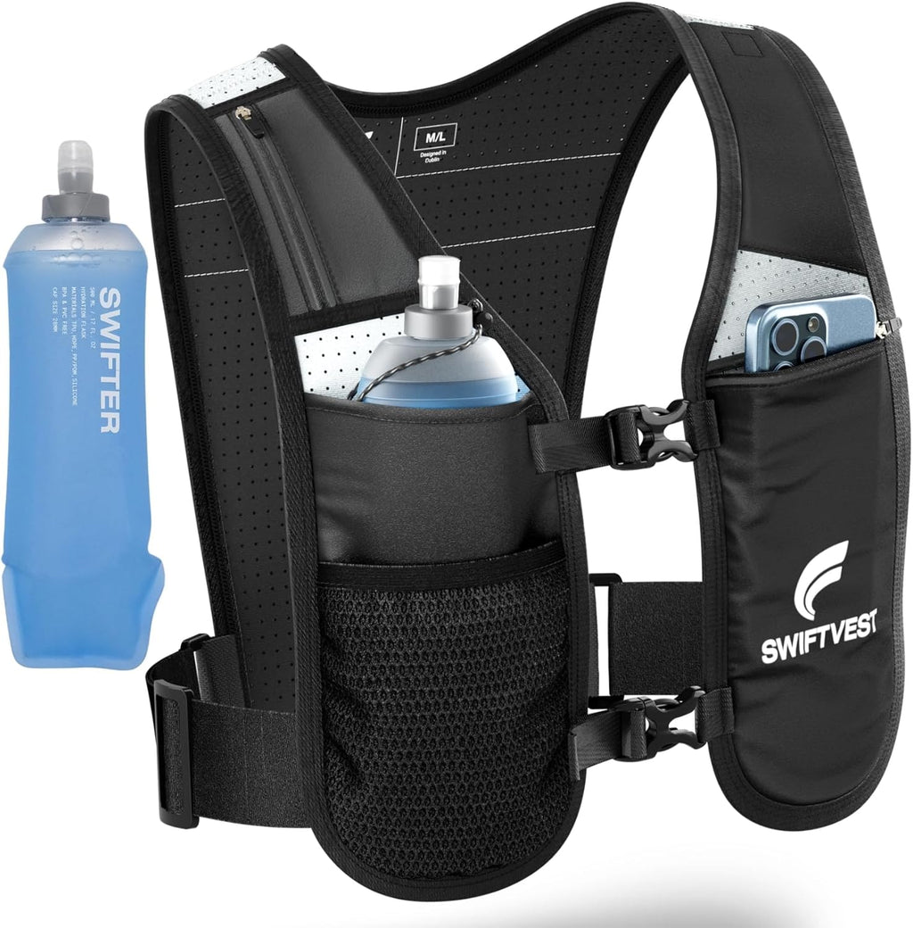 Running Phone Holder Vest with 500ml/17oz Water Bottle | Reflective Hydration Vest | Adjustable | Light | 6 Pockets