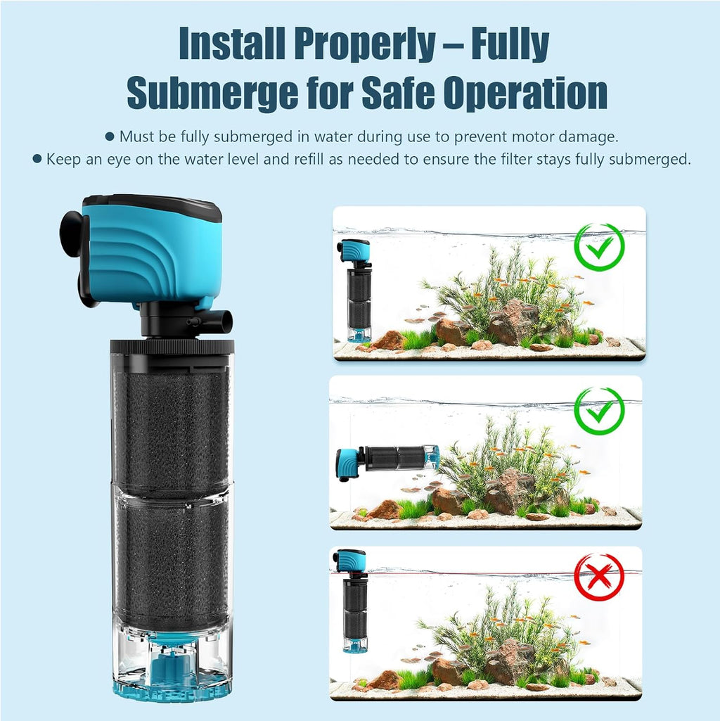 Submersible Aquarium Filter, Upgraded 50-150 Gallon Fish Tank Filter with Fish Guard, Internal Quiet Pump for Turtle
