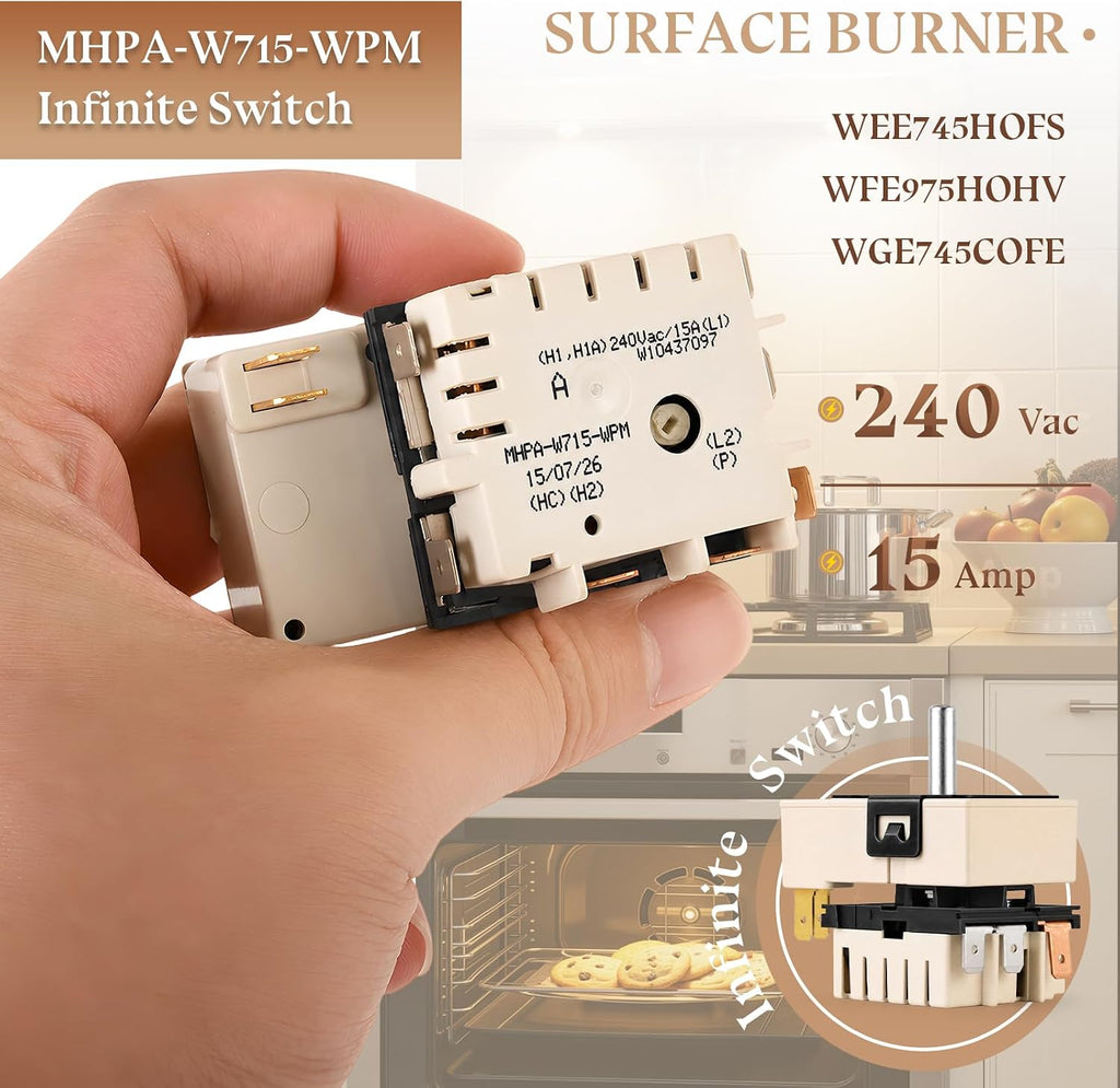 MHPA-W715-WPM W10437097 Infinite Switch, 240V 15A Surface Burner Control Switch Replacement for Whirlpool Electric Range, Replaces W11129442
