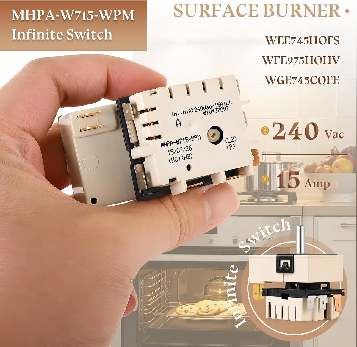 MHPA-W715-WPM W10437097 Infinite Switch, 240V 15A Surface Burner Control Switch Replacement for Whirlpool Electric Range, Replaces W11129442