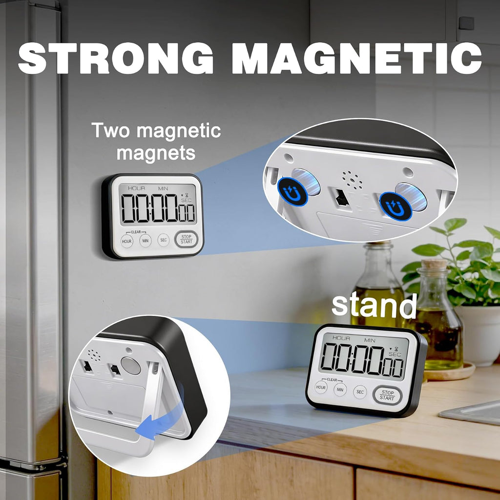 Digital Kitchen Timer Magnetic Loud Alarm, Large LCD Screen Silent/Beeping Multi-Function for Teachers Classroom