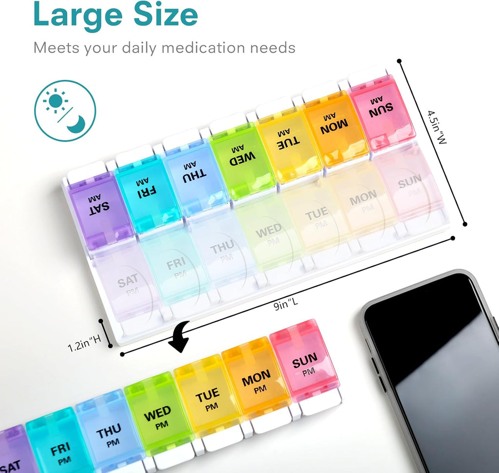 AM PM Weekly 7 Day Pill Organizer, 2 Times A Day Pill Box with Arthritis Friendly Push Button, Medicine Cases for