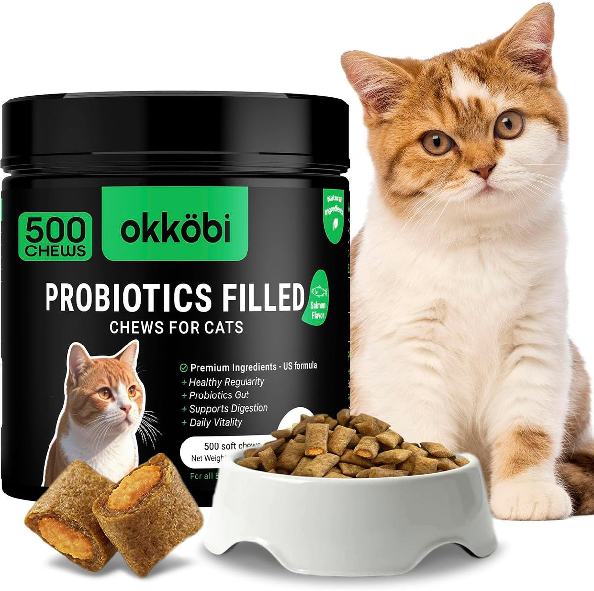 Probiotic Chews for Cats 500 Count, Crunchy, Creamy, Gut Health, Salmon