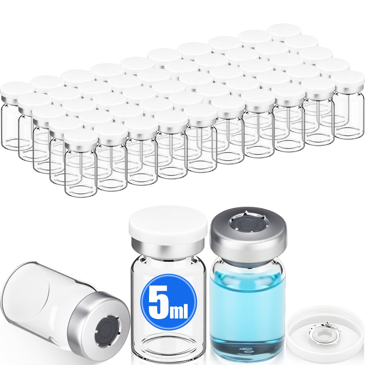 50 Pcs 5ml Sterile Vials, Empty Vials for Injection, White Lid