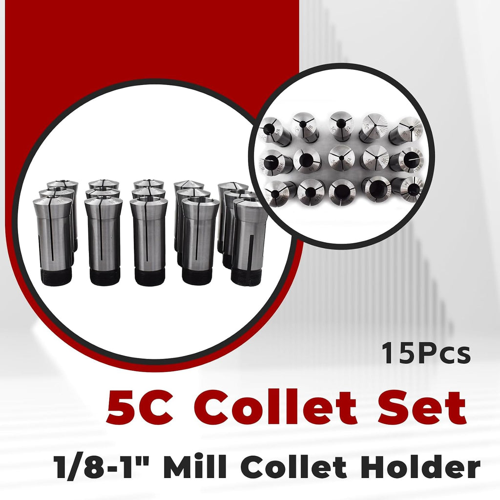 findmall 15Pcs 5C Collet Set, 1/8-1" Mill Collet Holder