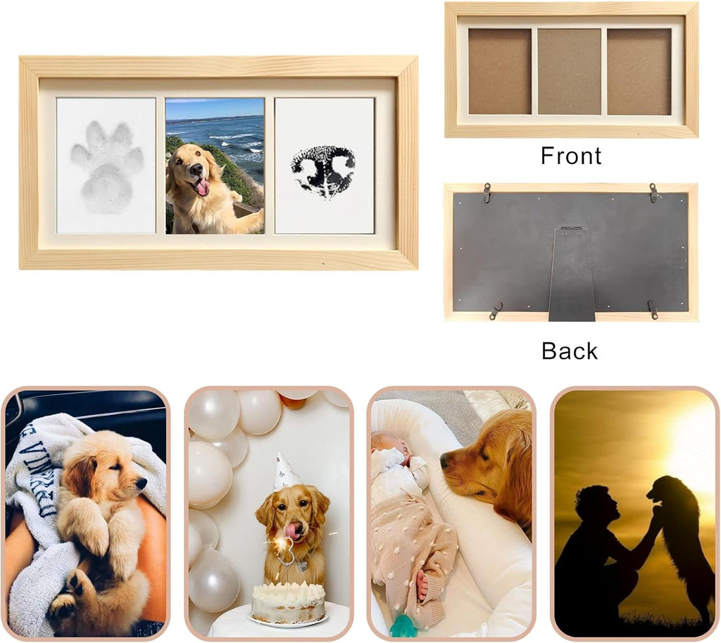 Paw Print Impression Kit for Dogs and Cats, 2 Clay, Large Ink Pad, Wooden Picture Frame, Pet Memorial Keepsake, Gift