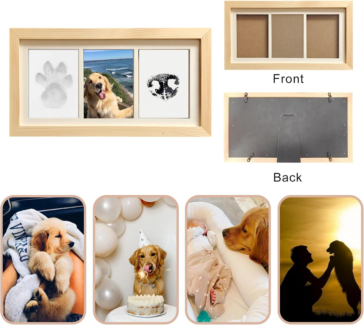 Paw Print Impression Kit for Dogs and Cats, 2 Clay, Large Ink Pad, Wooden Picture Frame, Pet Memorial Keepsake, Gift