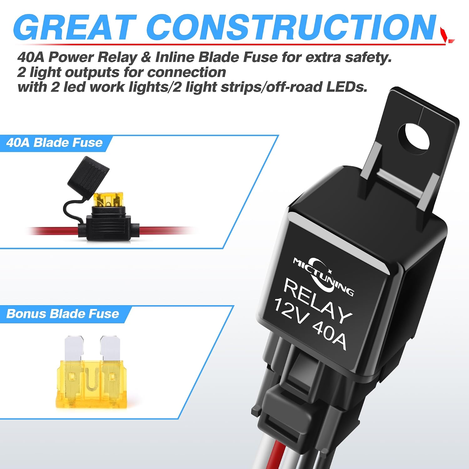 LED Light Bar Wiring Harness Off Road Power 40A Relay Fuse ON-Off Switch (2 Lead)