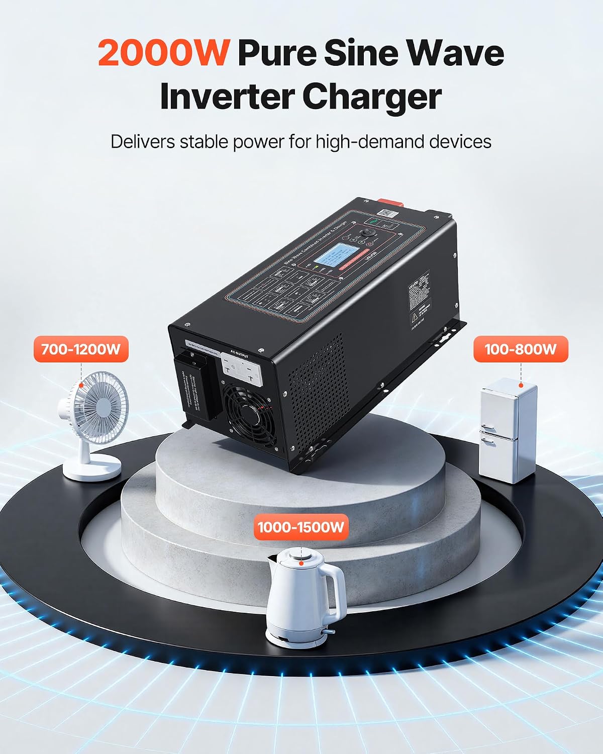 Pure Sine Wave Inverter Charger, 2000W, DC 12V to AC 120V Power Inverter with LCD Display, Remote Control, Low