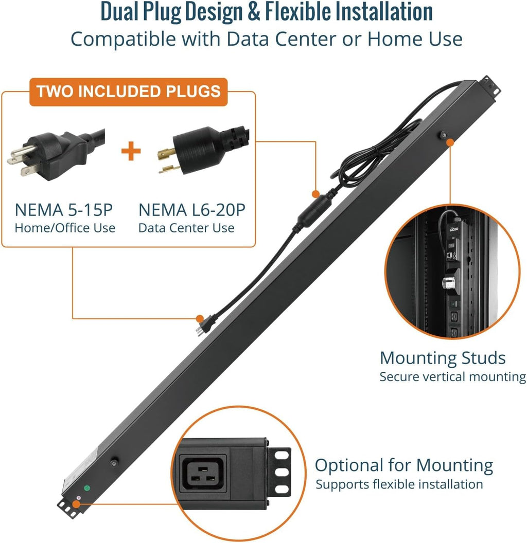 Tecmojo 20-Outlet 0U Metered Vertical PDU, 16 IEC C13 + 4 IEC C19, RS485 Modbus RTU (SKU# 13122002)