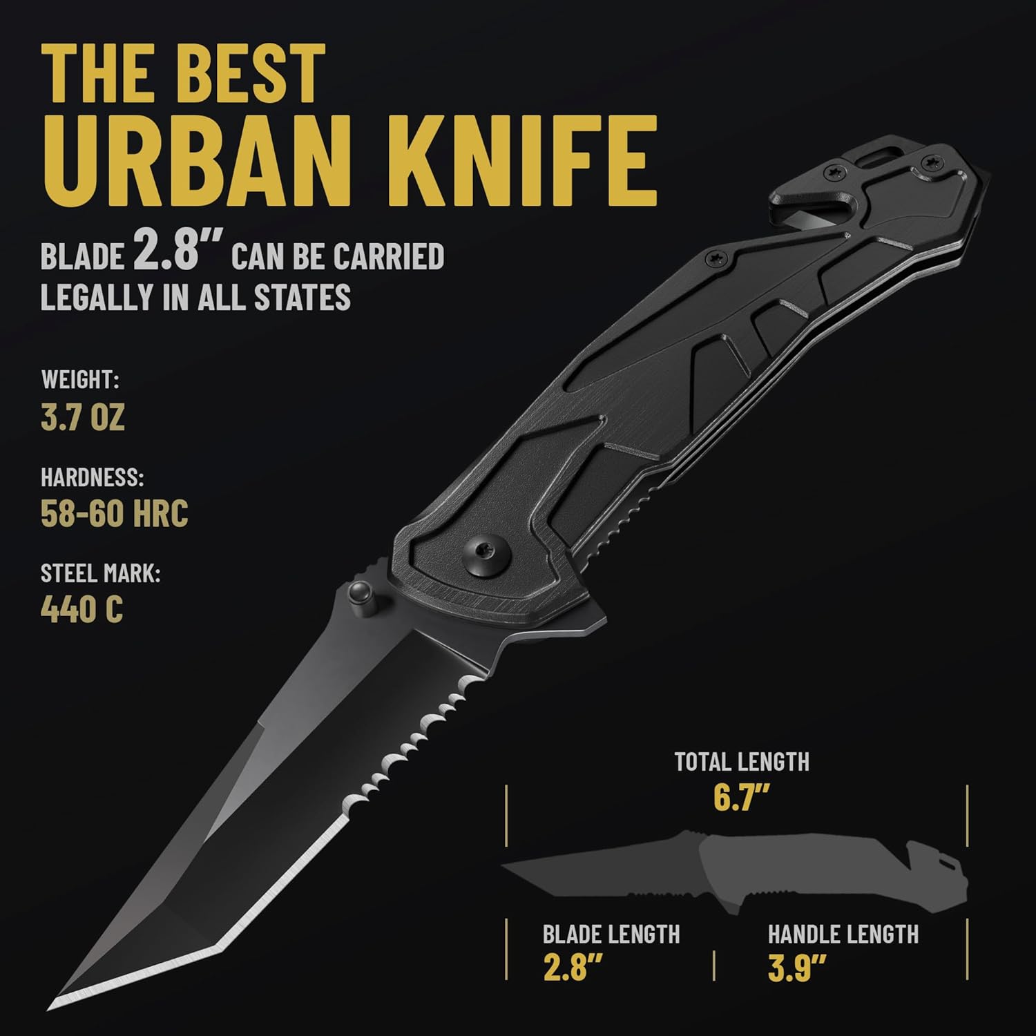 6.7" Compact Legal Pocket Knife with Bearing - 5 in 1 Knife - 2.8” Serrated Tanto Blade - with Glass Breaker &