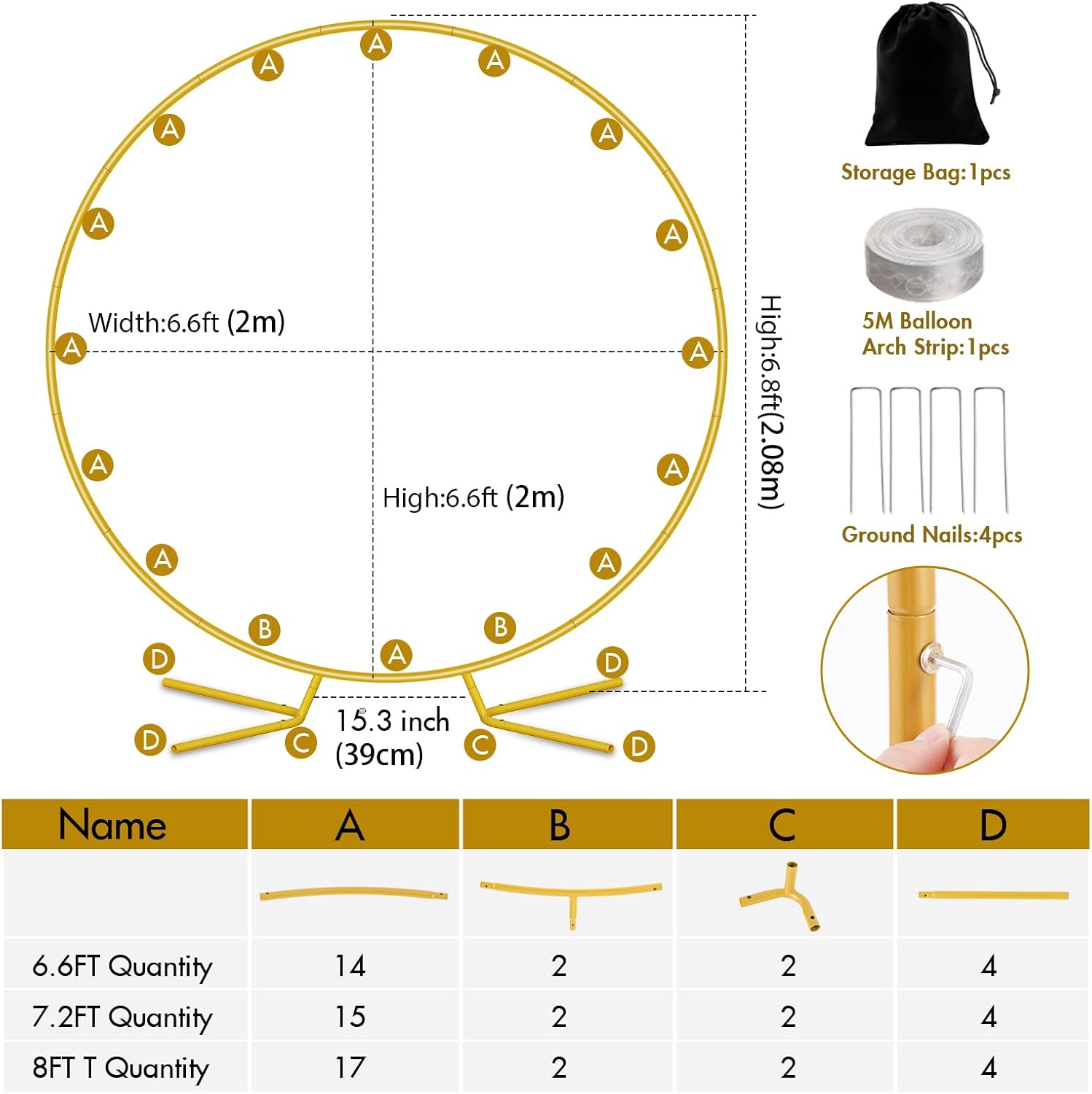 6.6FT Round Backdrop Stand, Circle Gold Balloon Wedding Arch Frame