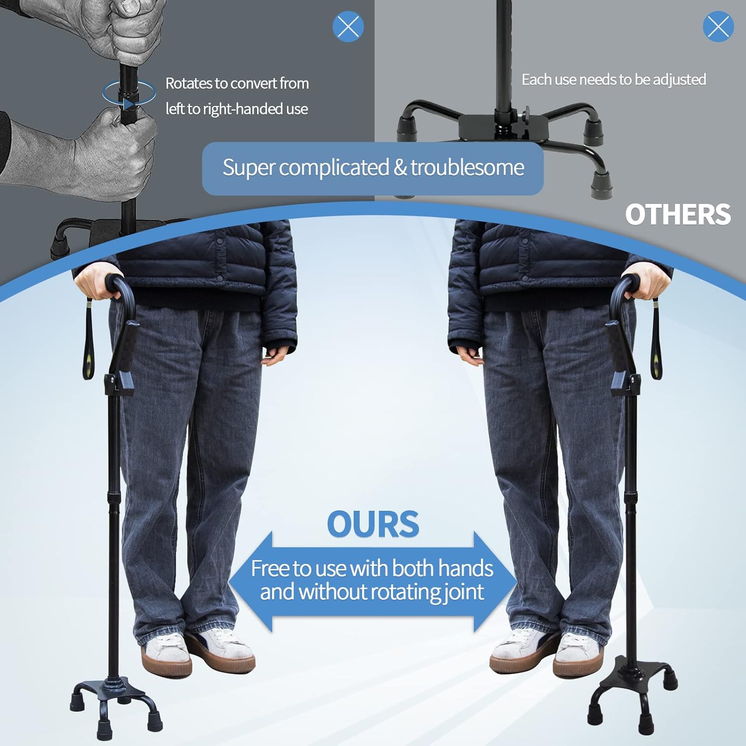 Adjustable Walking Cane for Men & Women with 4-Pronged Base for Extra Stability - Foldable Cane for Seniors with Foam