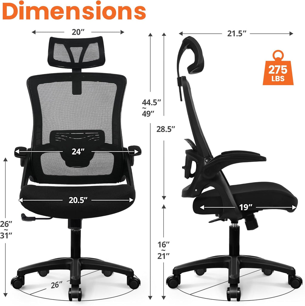 Office Desk Chair Gaming Computer High Back Support Mesh Comfy Seat with Adjustable Ergonomic Headrest Lumbar Rolling