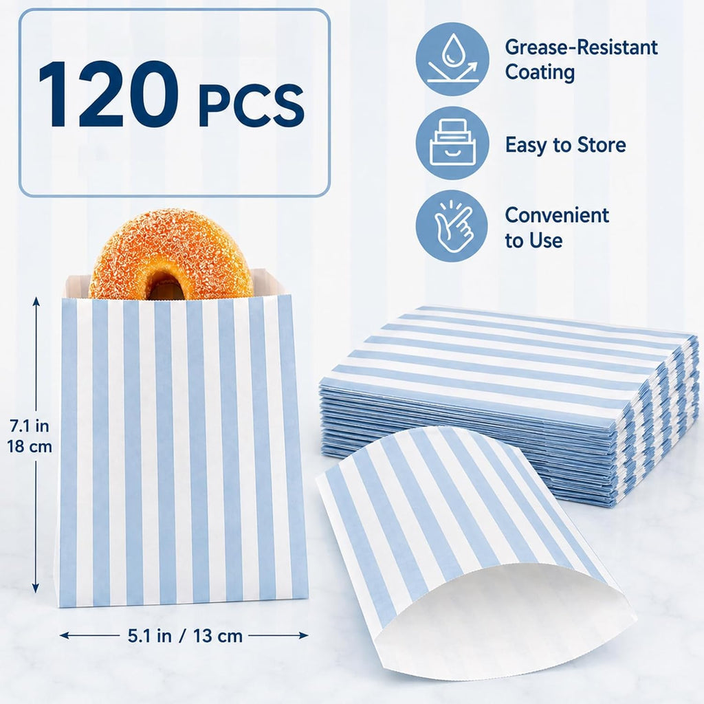 120Pcs Flat Paper Bags, Sandwich Treat Bag, Blue White Stripe