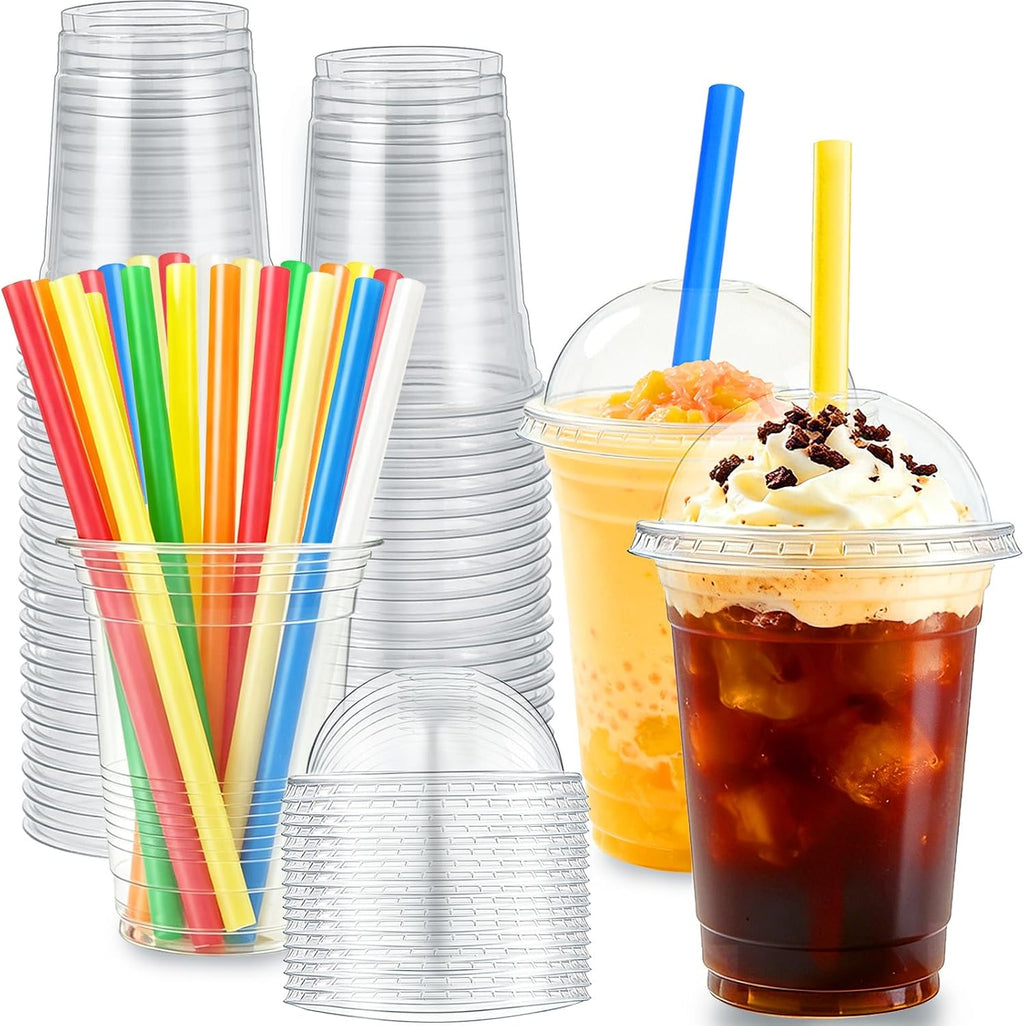 50 Sets 16 oz Clear Plastic Cups with Dome Lids and Straws