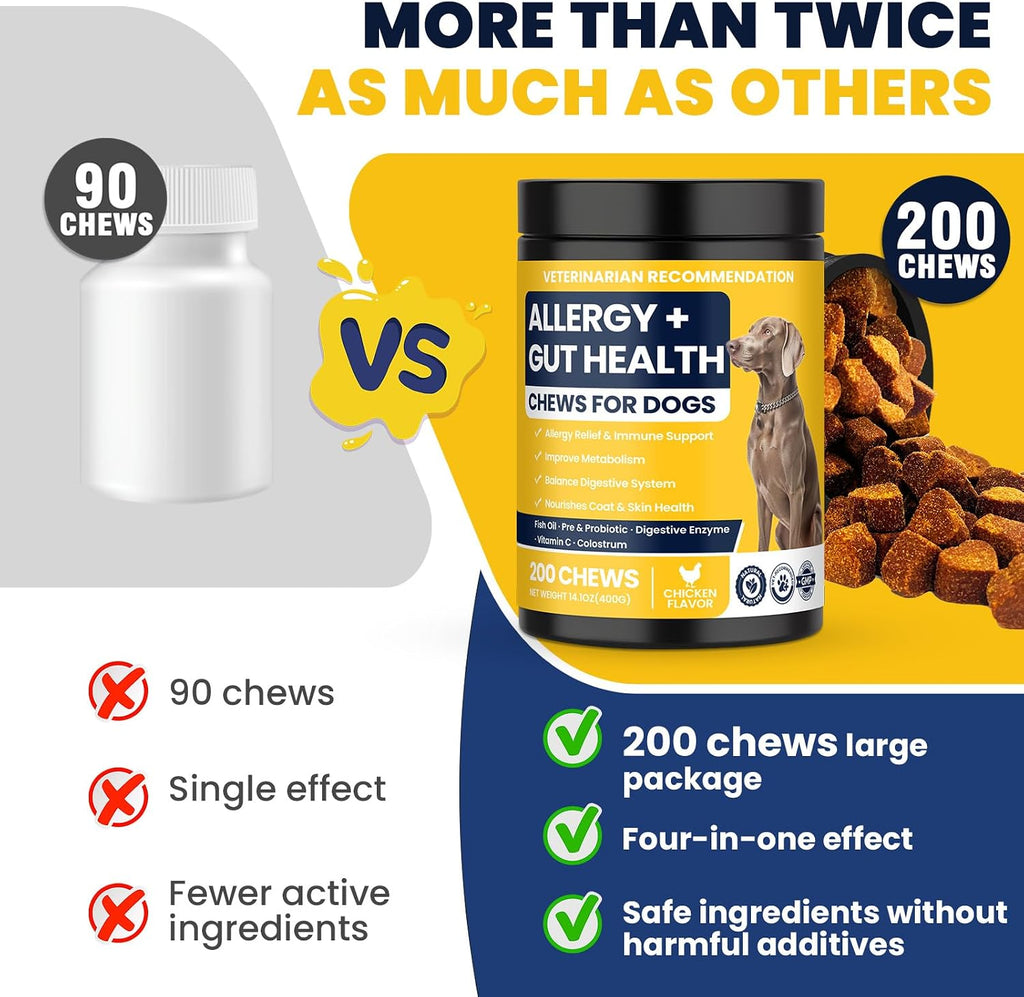 Dog Allergy Chews Probiotics for Dogs for Yeast 200ct, Itchy Skin and Itchy Ears Itch Relief Immune Pre Chews for Pet