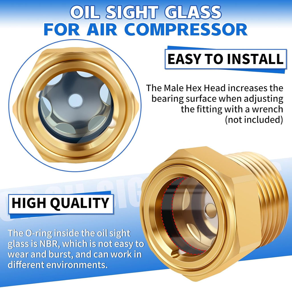 Air compressor Oil Sight Glass, 1 NPT Male Hex Head Oil Sight Glass Heavy Duty Solid Brass Oil Sight Glass Liquid Level Gauge Oil Indicator Window For Air Compressor Gearbox Tank