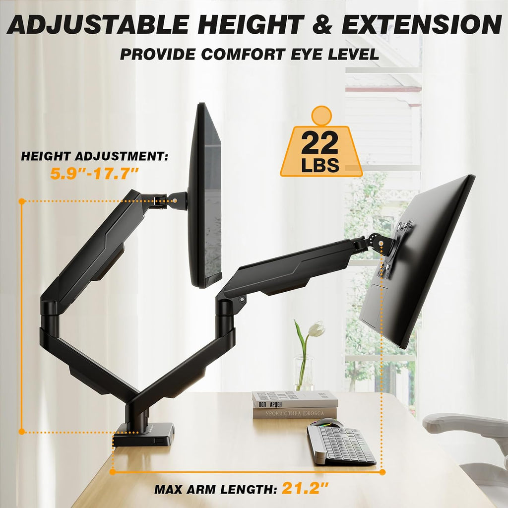 Dual Monitor Stand for 17-34 Inch Computer Screens | Gas Spring Full Motion Dual Arms, Each Holds 22lbs, Fits