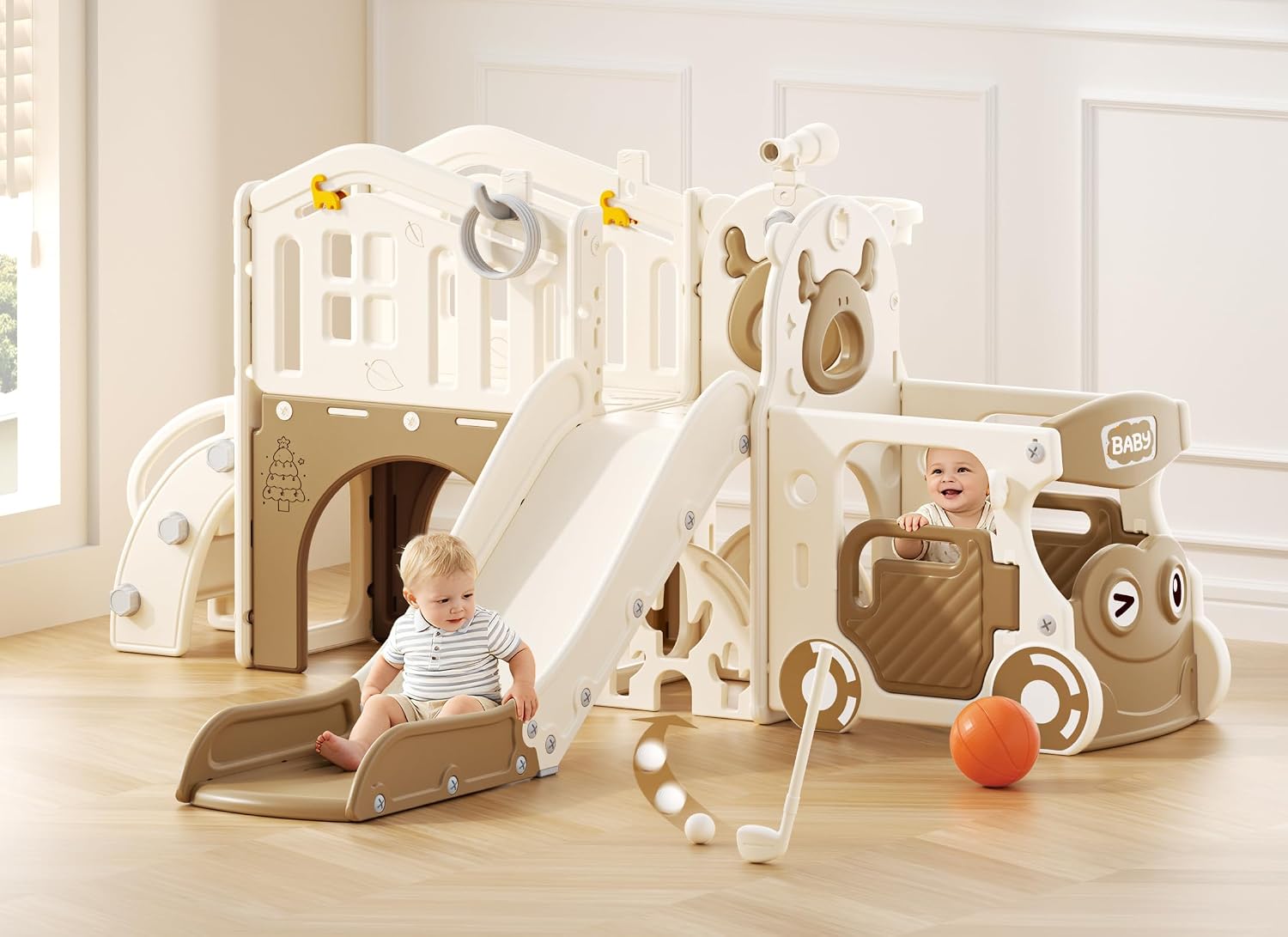 10 in 1 Toddler Slide Set, Bus Themed Kids Slide with Climber, Golf Set, Ring Toss, Basketball Hoop, Indoor Outdoor