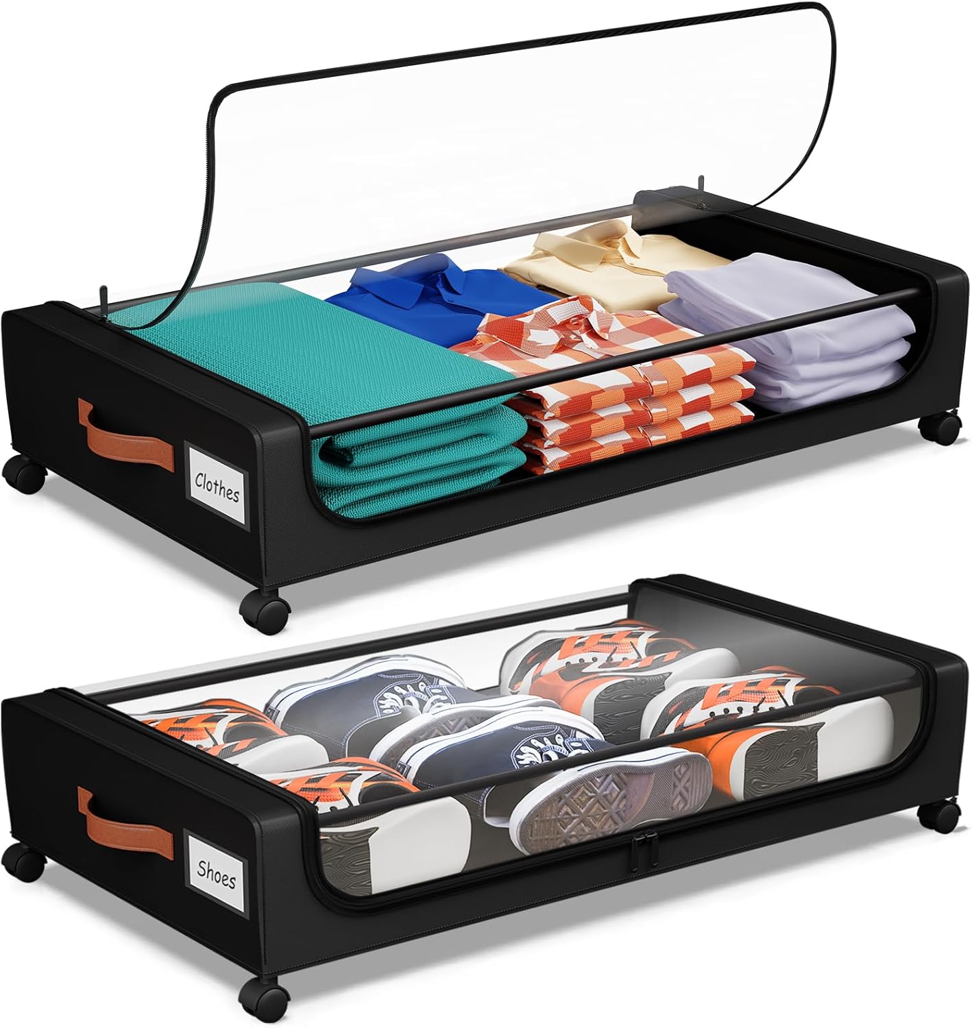 Under Bed Storage with Wheels, UnderBed Storage Containers with Clear Lid and Handles, XXL 60L Under the Bed Storage