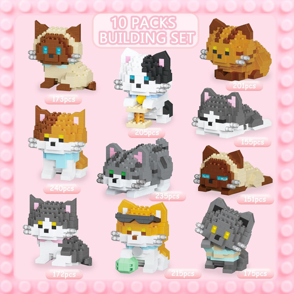 10 Packs Mini Building Blocks Cats Set, Cat Building Kit Party Favors Toy, Interlocking Bricks, DIY Animal Figure