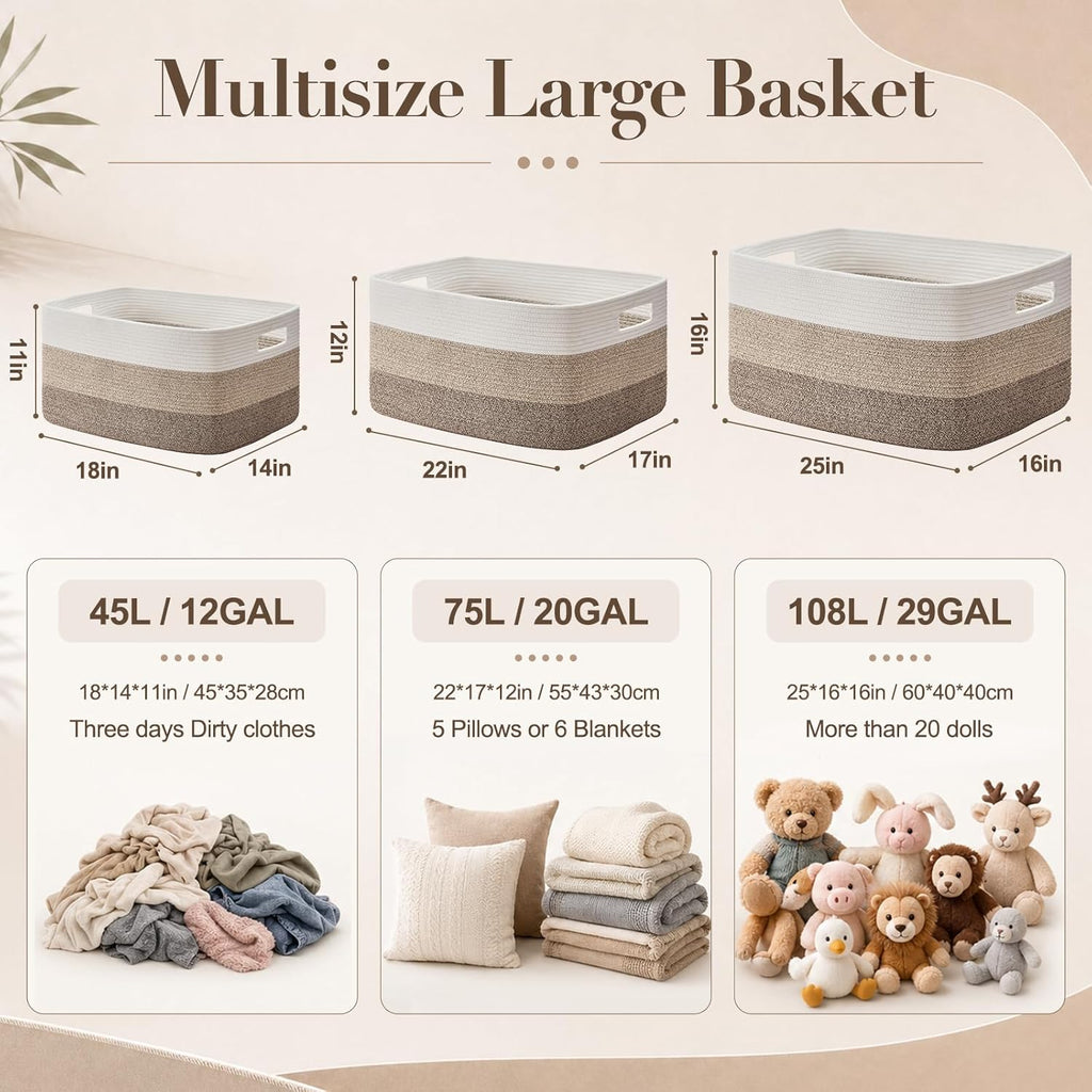Large Blanket Basket, 22”x17”x12” Rectangle Woven Baskets, Nursery Blanket Storage Living Room, Toy Storage With