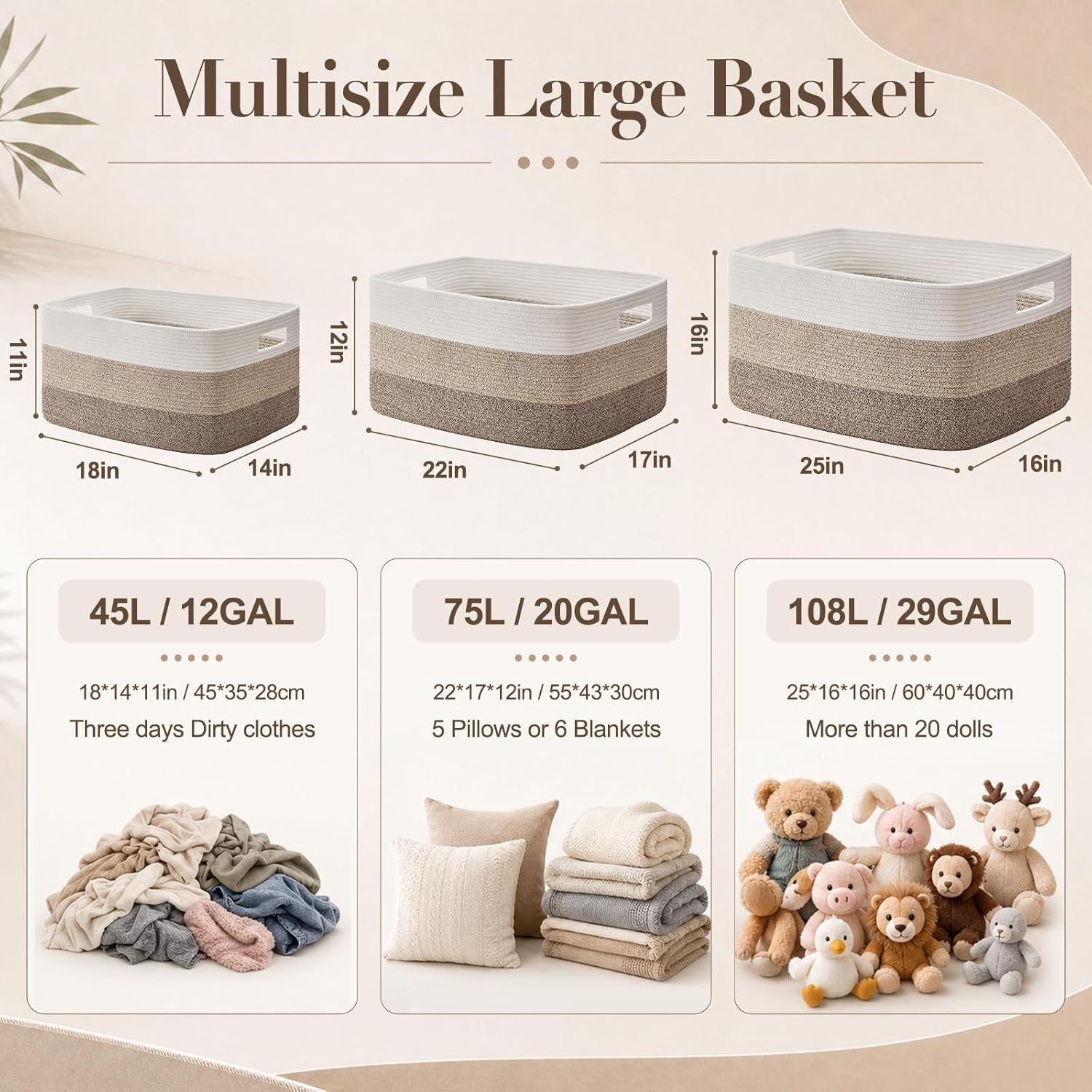 Large Blanket Basket, 22”x17”x12” Rectangle Woven Baskets, Nursery Blanket Storage Living Room, Toy Storage With